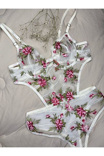 ROZENİN LINGERIE Lace Embroidered Floral Underwire Capless See-Through Bodysuit