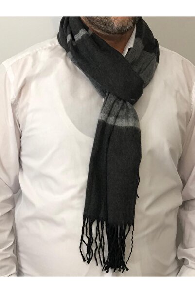 sema aksesuar Ανδρικό μαύρο γκρι ριγέ κασκόλ με φούντες - Πρωτοχρονιάτικο χριστουγεννιάτικο δώρο γενεθλίων Αγίου Βαλεντίνου