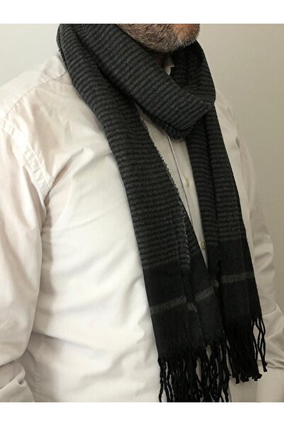 sema aksesuar Ανδρικό μαύρο γκρι ριγέ κασκόλ με φούντες - Πρωτοχρονιάτικο χριστουγεννιάτικο δώρο γενεθλίων Αγίου Βαλεντίνου