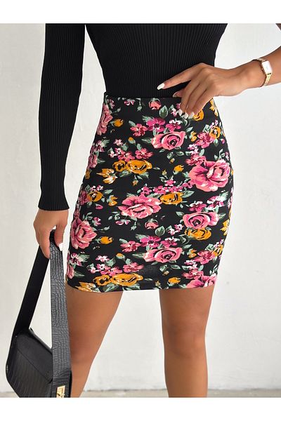 YUSUF CAN KARATAŞ KARATAŞ GİYİM Fusta mini de damă cu model floral cu talie elastică din țesătură interlock Lungime sezonieră 50 cm