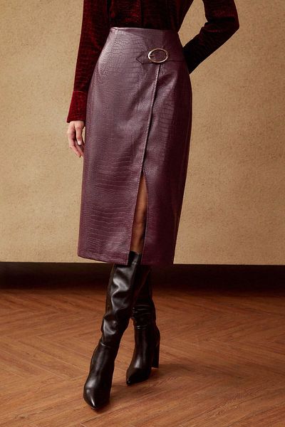 SWARIUS Crocodile Pattern Gold Buckle Detailed Women's Leather Skirt Burgundy