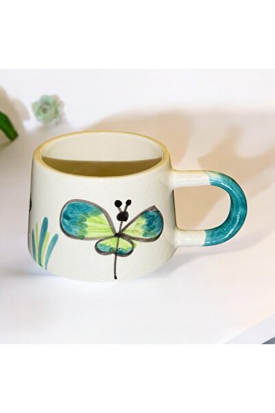 naturalife Handmade Butterfly Patterned Ceramic Mug – Nature's Elegance, Artistic and Functional