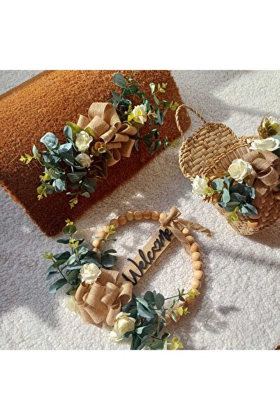 Home Σετ 3 τεμαχίων διακοσμητικό στολίδι για πόρτα, χαλάκι δαπέδου και καλάθι από ευκάλυπτο