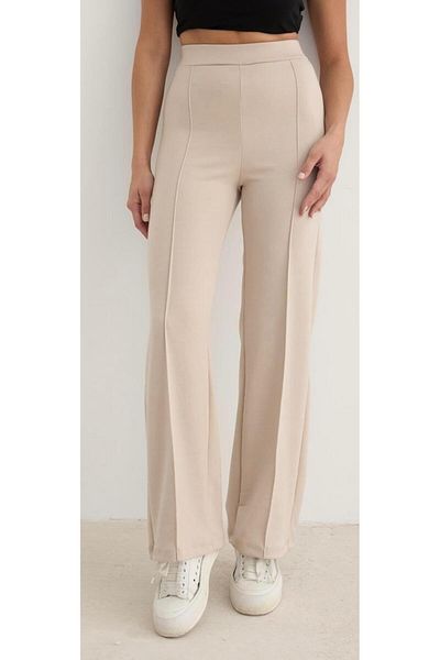 berfmoda Beige Women's Trousers - High Waist, Recovery, Loose Leg, Modal Fabric Flaring