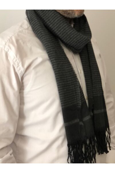 sema aksesuar Ανδρικό μαύρο γκρι ριγέ κασκόλ με φούντες - Πρωτοχρονιάτικο χριστουγεννιάτικο δώρο γενεθλίων Αγίου Βαλεντίνου