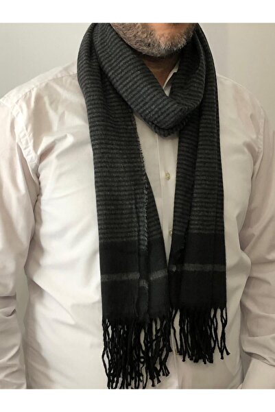 sema aksesuar Ανδρικό μαύρο γκρι ριγέ κασκόλ με φούντες - Πρωτοχρονιάτικο χριστουγεννιάτικο δώρο γενεθλίων Αγίου Βαλεντίνου