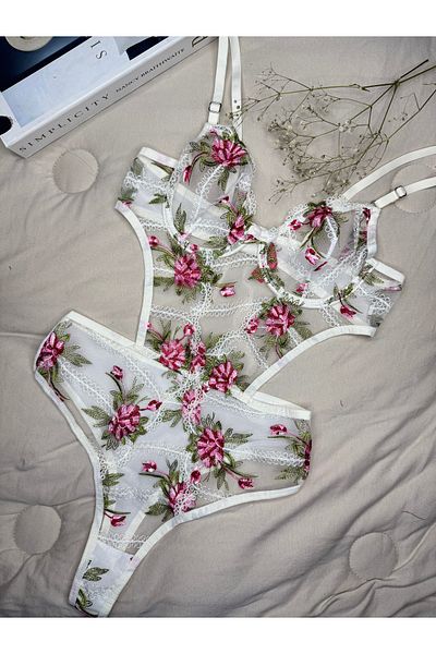 ROZENİN LINGERIE Lace Embroidered Floral Underwire Capless See-Through Bodysuit