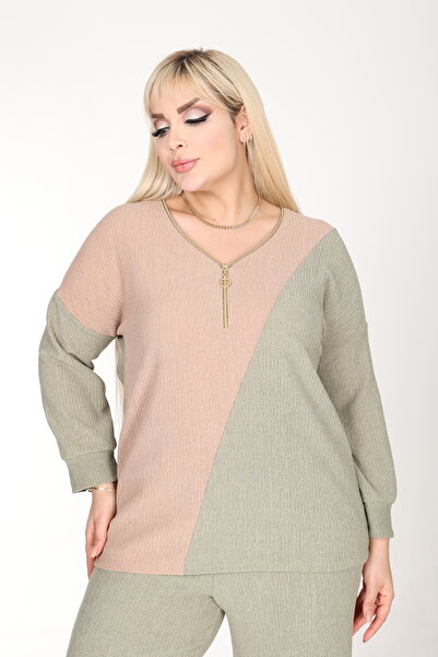 MJORA Color Block Collar Zippered Wrap Bottom-Top Set