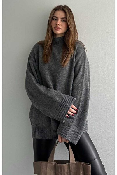 yeditepe fashion سترة تريكو كبيرة الحجم بياقة واقفة من أنثراسايت