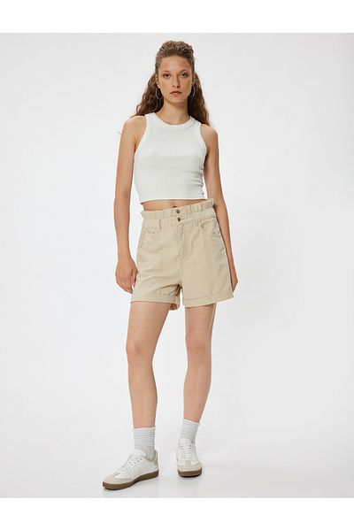 Koton High Waist Shorts Buttoned Elastic Waist Pocket Layered Leg Comfortable Fit
