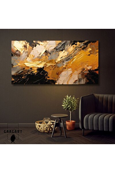 GAAGART Panoramik Kanvas Duvar Tablosu Soyut Yağlı Boya Görünümlü Gold Siyah ...