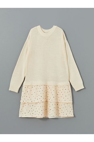 LC Waikiki LCW Kids Ecru-Strickkleid für Mädchen mit Rundhalsausschnitt
