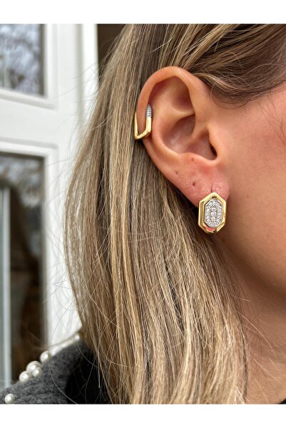 Jerie Gold Taş Detaylı Elips Tasarım Marka Model Küpe