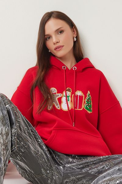 Lovelyİstanbul New Year's Themed Knitted Sweatshirt with Hood - Red Ltq0002