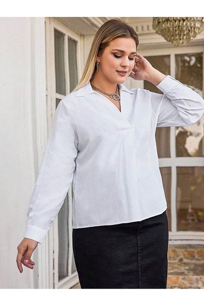 JESSE STORY Women's Plus Size V-Neck White Blouse Shirt