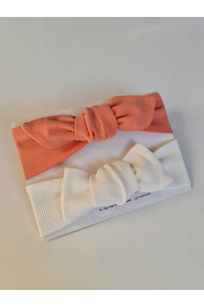 swan butik Σετ 2 Baby Girl Kids Bandana - Salmon and Off-White Cotton