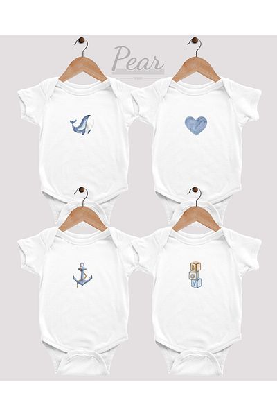Pear Wear Baby Boy 4-Piece Fish Heart Anchor Size Printed Bodysuit 4-Piece Baby Bodysuit