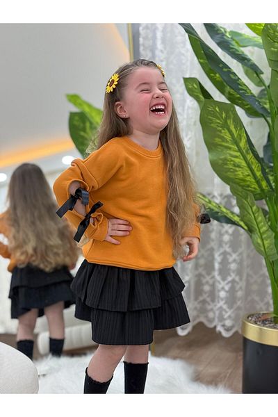 GÖKJOY BUTİK Premium Quality Girl's Skirt Suit with Sleeves with Ribbon Ties