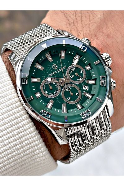 DAVID GUNER Function Silver-Green Color Steel Band Men's Wrist Watch 8263A10