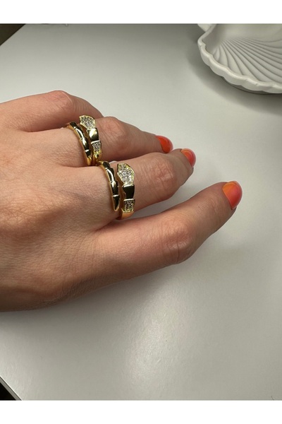 HÜLYA AKSESUAR خاتم ستيل بحجر الزركون الذهبي للنساء