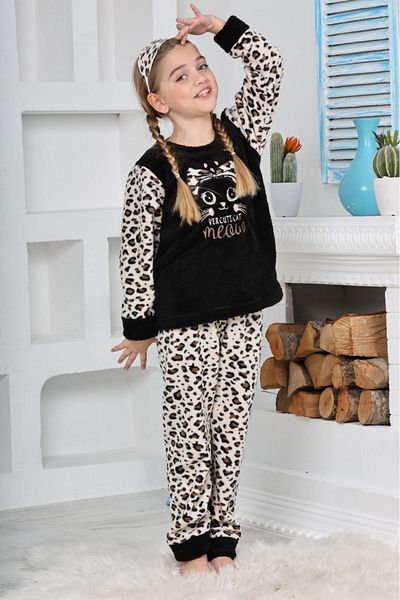 Reyhanlar Set de pijamale din lână pentru fete, cu aplicație de leopard, cu broderie pentru ochi