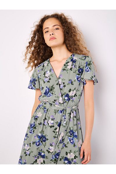 Apricot Geblümtes Midi-Wickelkleid