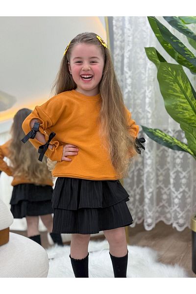GÖKJOY BUTİK Premium Quality Girl's Skirt Suit with Sleeves with Ribbon Ties