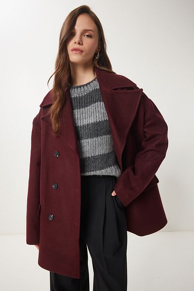 Lovelyİstanbul Burgundy Stamp Coat - Double Breasted Collar, Ldp0029