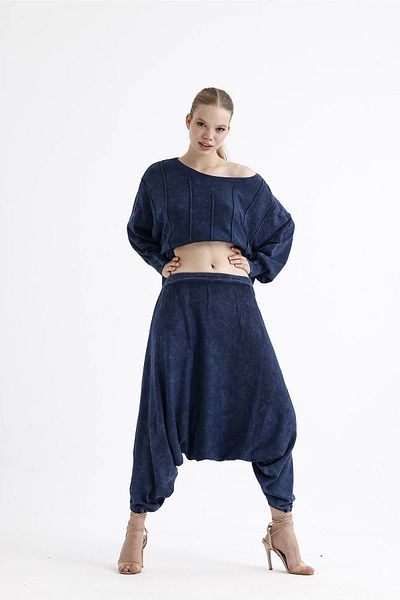 Butik Tricotaj din bumbac Pantaloni largi-Bleumarin