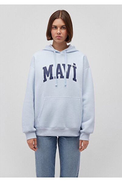 Mavi logo baskılı kapüşonlu mavi sweatshirt
