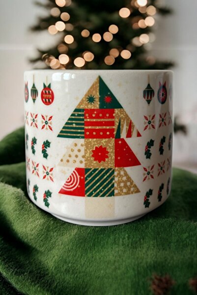 DVOYAGE Kışın Zerafeti T Kulp Kupa - Geometrik Çam Ağacı, Kokina ve Kar Tanesi Desenli 230 ml