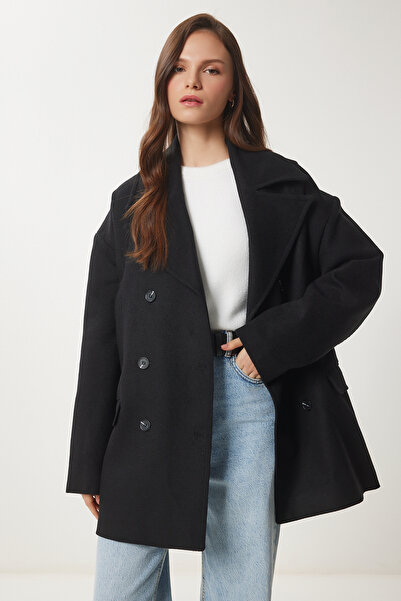 Lovelyİstanbul Palton negru cu guler dublu - LDP0029