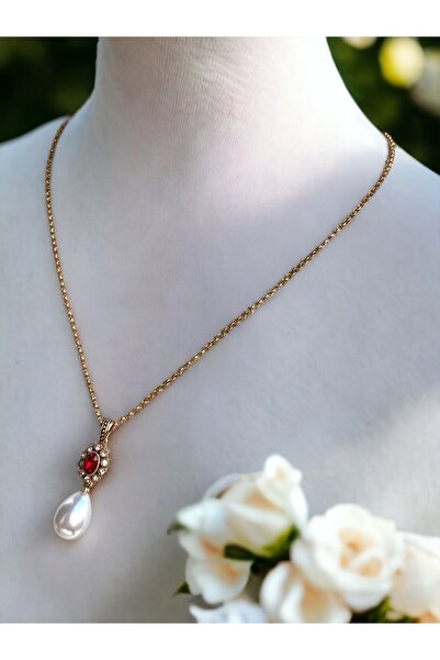 FAYRA ACCESSORIES Oval Kristal Taşlı Mayorka İnci Kolye