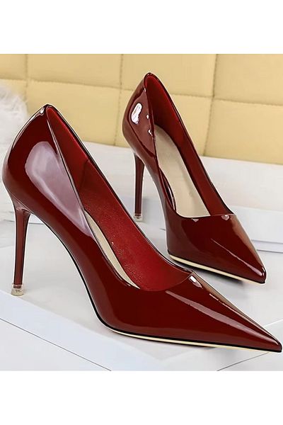 TrendyAnka Women's Burgundy Patent Leather 8cm Thin Transparent Cover Heeled Stiletto Shoes