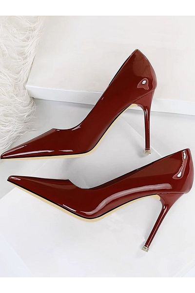 TrendyAnka Women's Burgundy Patent Leather 8cm Thin Transparent Cover Heeled Stiletto Shoes