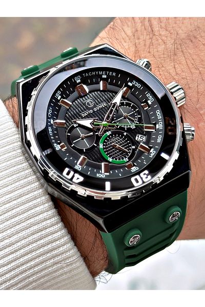 DAVID GUNER Men's Wrist Watch 8665B - Green Color, Function Silicone Band