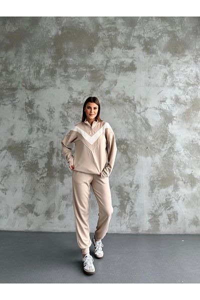 shopshop Γυναικείο Modal Fabric Color Block Σετ φόρμας με μανσέτα με ραβδώσεις με τσέπες
