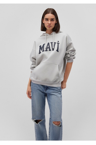 Mavi Logo Printed Hooded Gray Sweatshirt