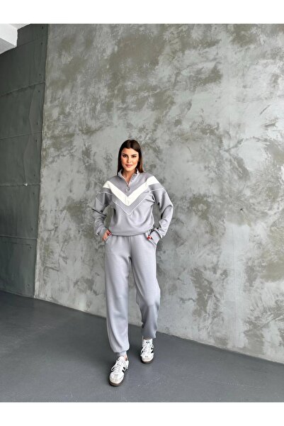 shopshop Women's Modal Fabric Color Blocked Cuffed Ribbed Leg Pocket Tracksuit Set