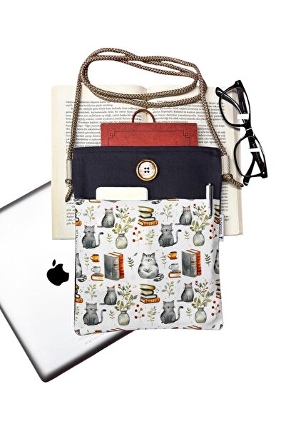 Smyrna Askılı - Kitap / Tablet / Ebook Çantası – Çıkarılabilir Askı ( Gri Kediler ve Kitaplar )