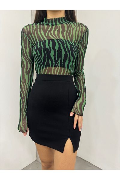 CNRCollection Fustă tricotată elastică cu fante neagră pentru femei, cu talie elastică, Lycra deasupra genunchiului