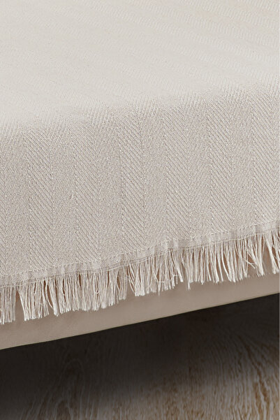 LADYNİL Saçaklı Koltuk Örtüsü %100 Pamuk | Koltuk Şalı 180x300 Cm Ekru