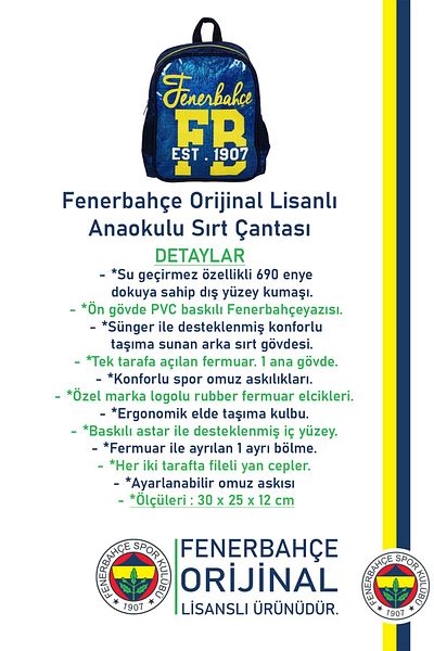 Fenerbahçe Original Licensed Kindergarten Bag Fb Yellow Navy Blue Bag