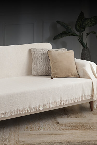 LADYNİL Saçaklı Koltuk Örtüsü %100 Pamuk | Koltuk Şalı 180x300 Cm Ekru