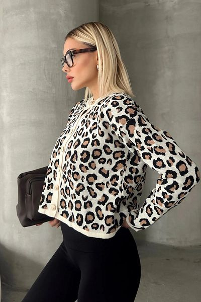 trendalisse Cardigan alb cu imprimeu leopard cu decolteu