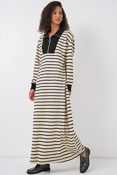 Bigdart 55453 Kadın Fermuar Detaylı Çizgili Uzun Elbise - Siyah