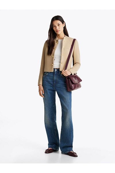 Tommy Hilfiger Women's Beige Slim Fit Jacket with Stand Collar and Button Detail Ww0Ww44607-0Gc