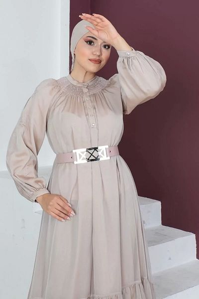 PHELDA Comfortable Form Belted Hijab Evening Dress 746-beige
