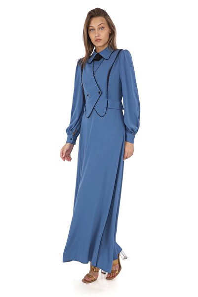 lodmela Φόρεμα Indigo - Εφέ γιλέκου, Δαντέλα και χάντρες, Μοντέλο 2711