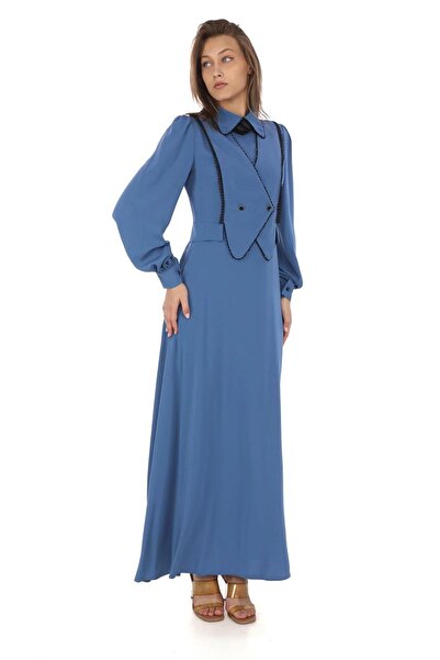 lodmela Φόρεμα Indigo - Εφέ γιλέκου, Δαντέλα και χάντρες, Μοντέλο 2711